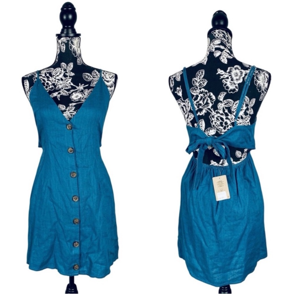 NWT Pitaya tie back button front blue linen mini dress size medium